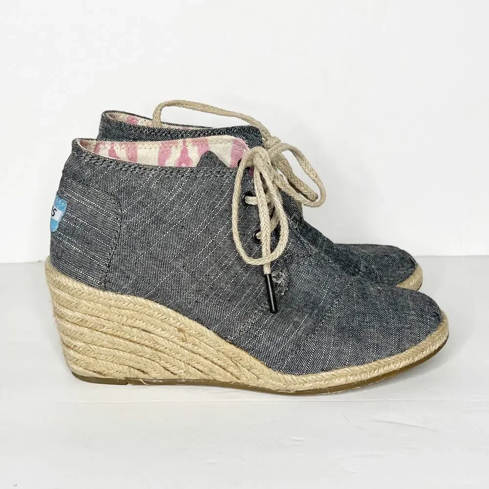 TOMS Desert Chambray Wedge Chukka Bootie Lace-Up Espadrille Gray Size Womens 6